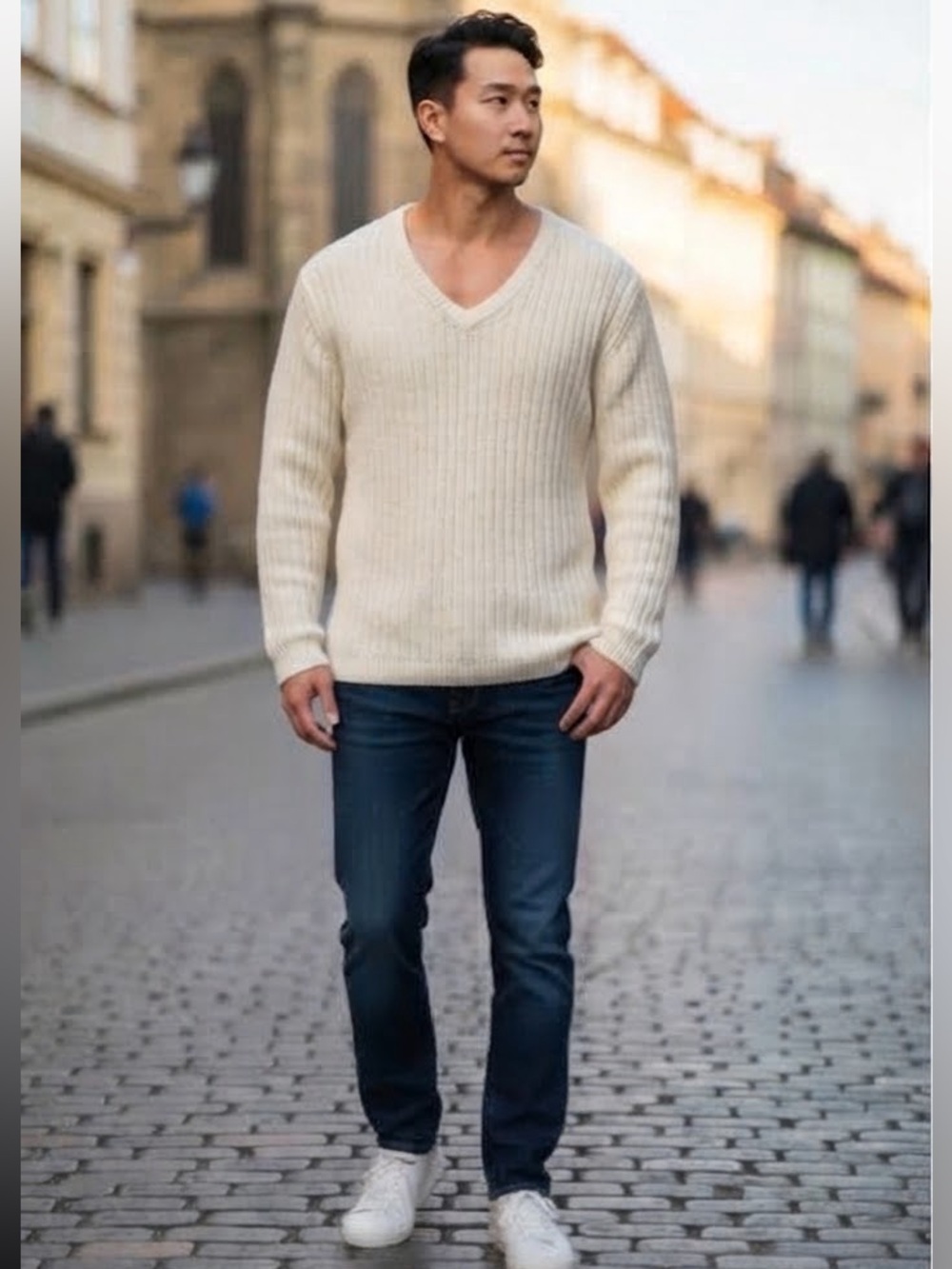 AX Armani Exchange Off White Ribbed Knit Layered Neck Cotton Wool Sweater L